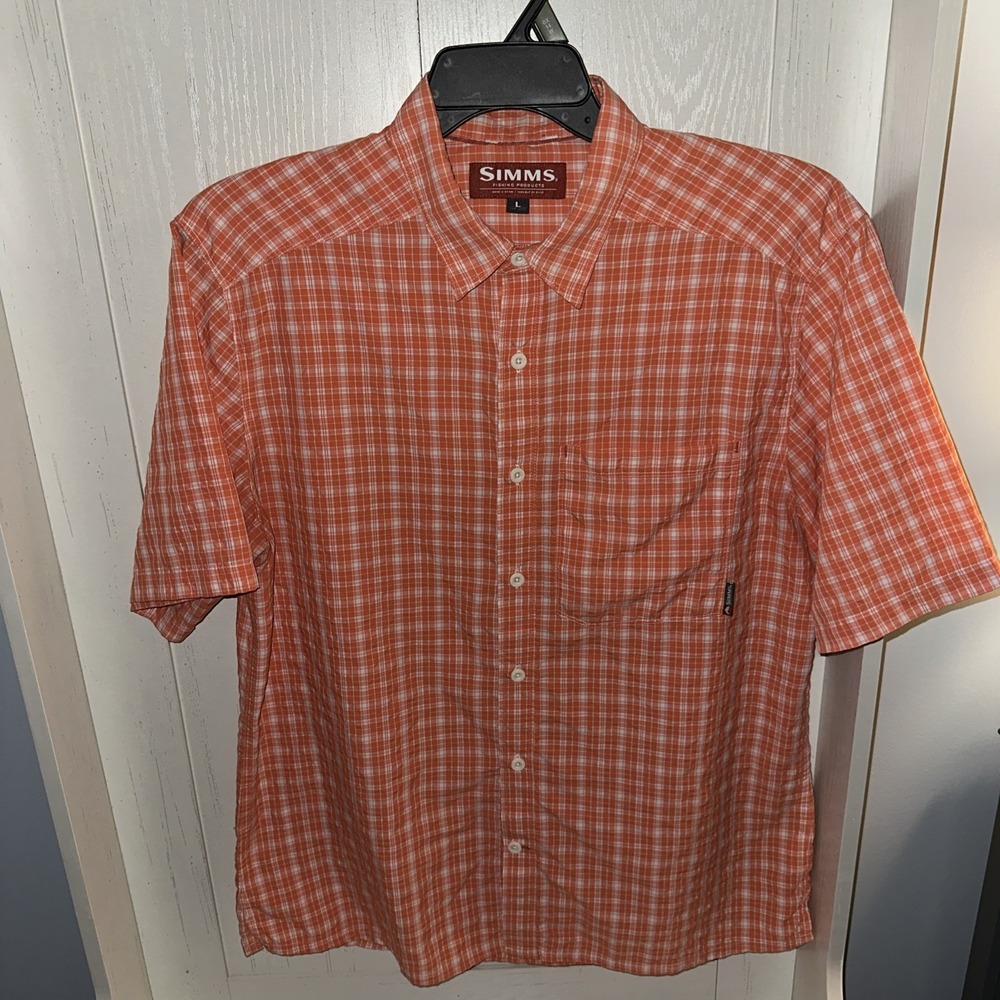 Simms Mens Performance Fishing Outdoor Short Sleeve Shirt Large Orange Plaid